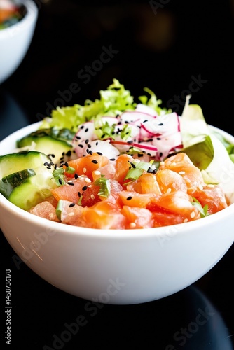 Obraz na płótnie Fresh salmon poke bowl with avocado and sesame seeds on black background w salonie