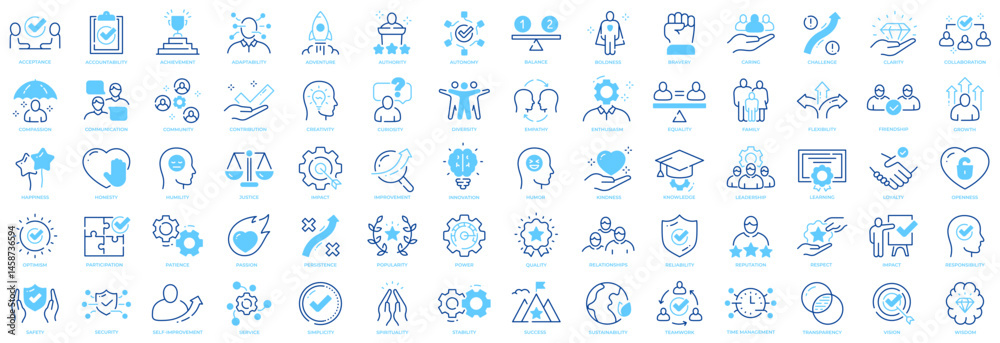 Big set of core values related icons. Caring, collaboration, community, diversity, friendship etc. Editable stroke. Big set of core values related icons. Caring, collaboration, community, diversity, friendship etc. Editable stroke.