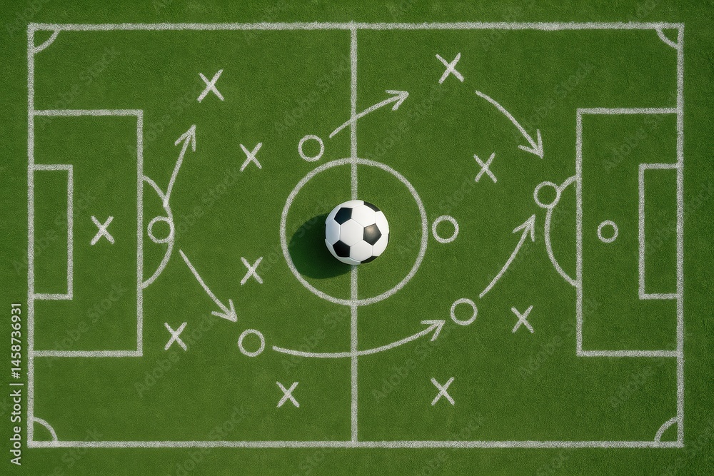 Fototapeta premium Soccer Strategy Diagram on Green Pitch Depicts Formation and Ball Movement, Ideal for Sports and Tactical Concepts