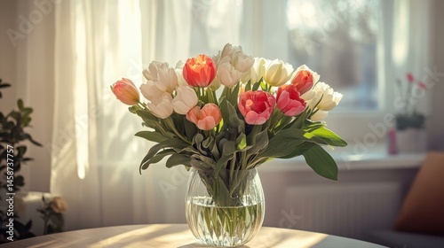 Wallpaper Mural Vibrant bouquet featuring white and pink tulips in glass vase, placed on wooden table with light shining through window Torontodigital.ca