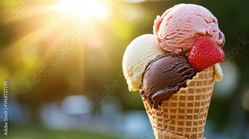 Delicious waffle cone piled high with vanilla, chocolate, and strawberry flavor ice cream and topped with a fresh strawberry.