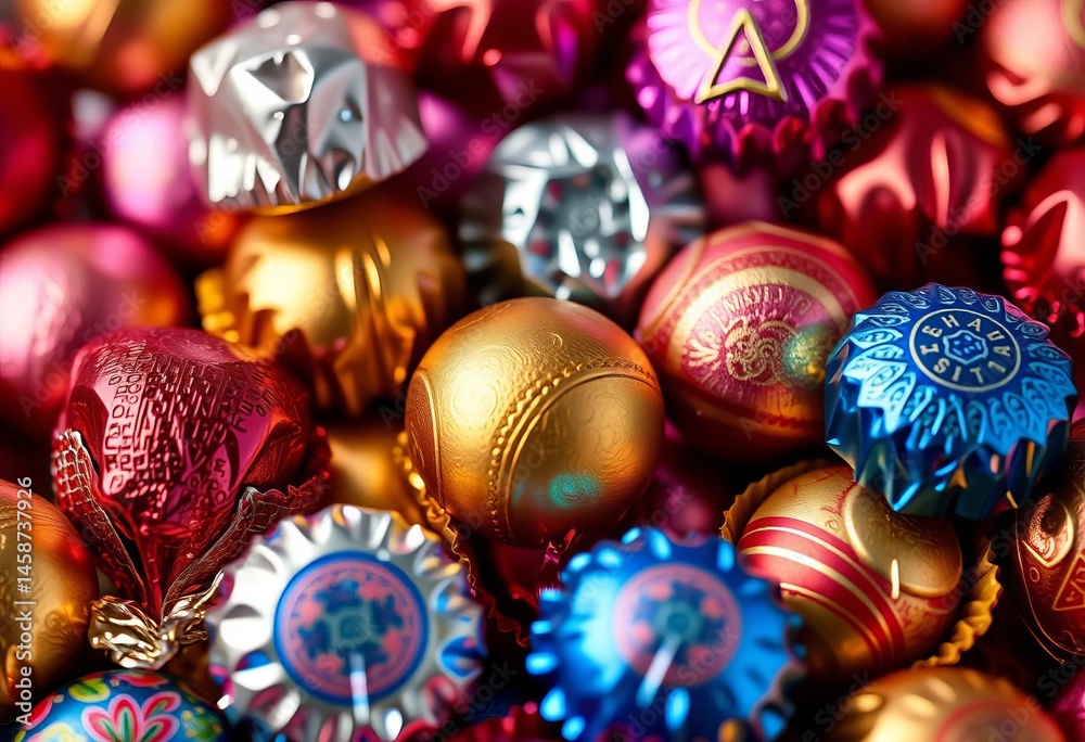 Fototapeta premium Assortment of festive foil-wrapped chocolates, close-up, hanukkah, gift