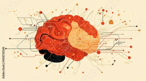 Flat design vector illustration of an AI brain with circuit lines and neural nodes