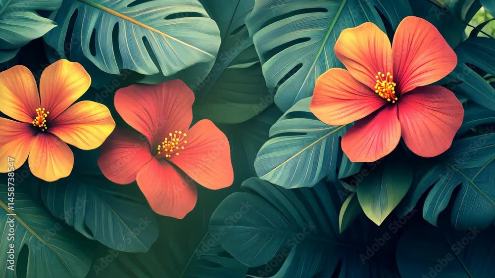 custom made wallpaper toronto digitalVibrant hibiscus and tropical foliage backdrop