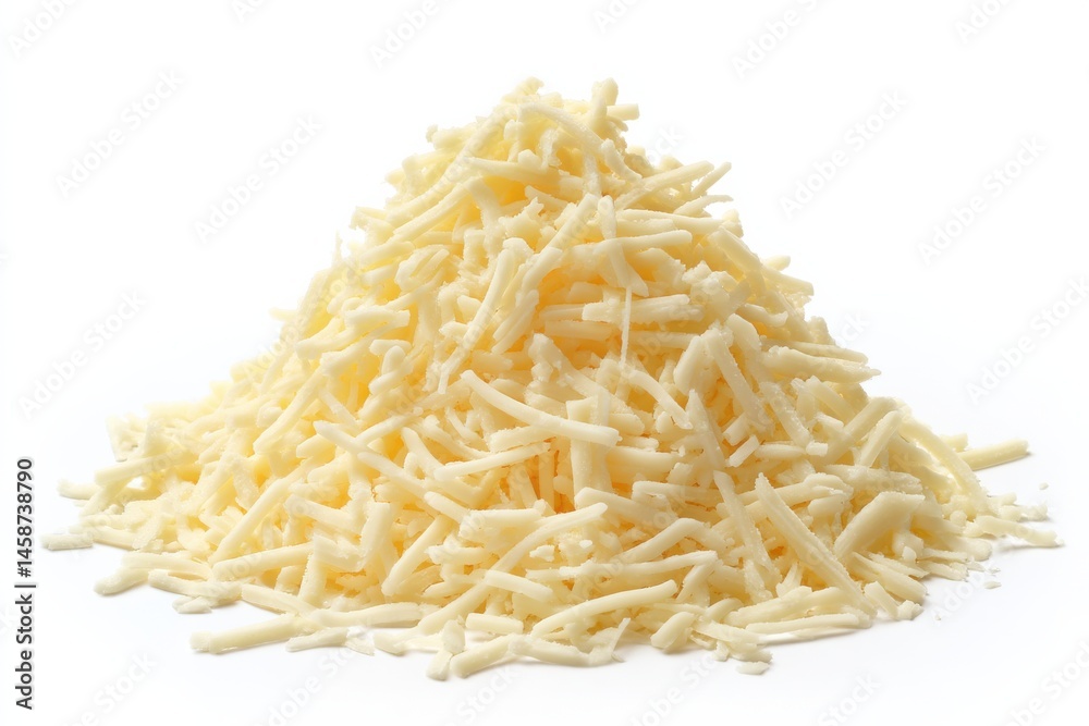 Fototapeta premium Freshly shredded cheese ready for cooking or topping dishes in a bright kitchen setting