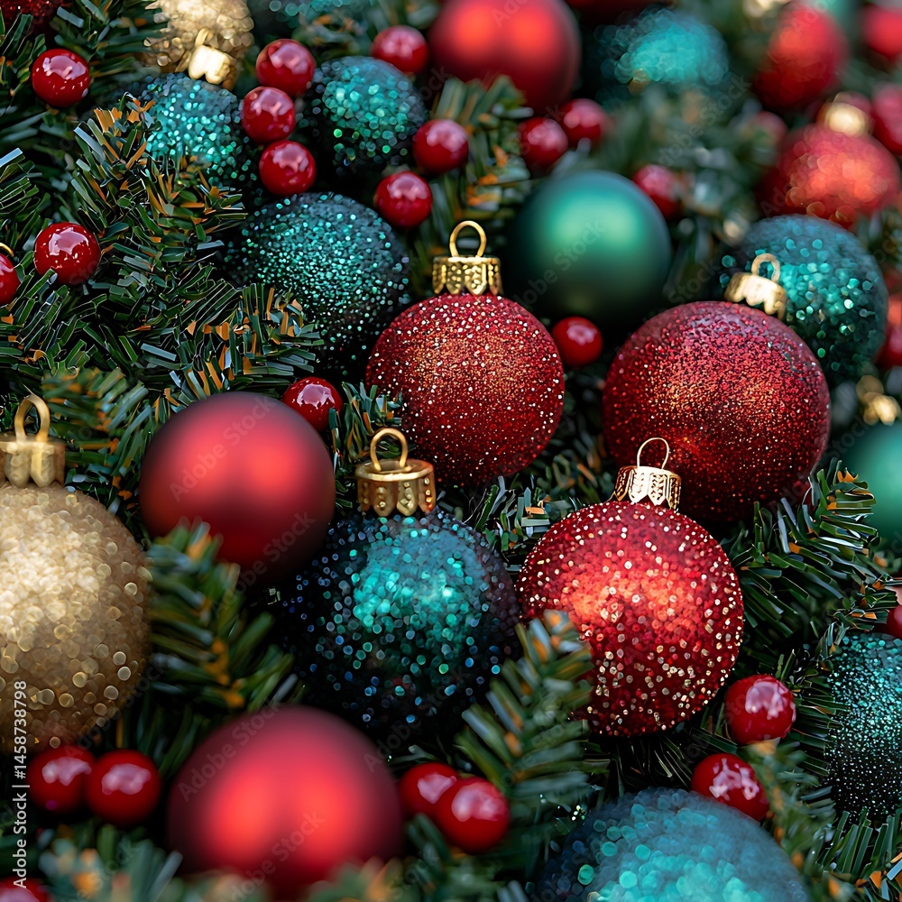 Fototapeta premium Festive ornaments adorn evergreen boughs