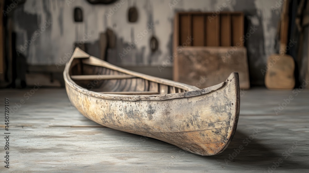 Rustic Wooden Canoe on Concrete Floor, Evoking Nostalgia and a Sense of Adventure Rustic Wooden Canoe on Concrete Floor, Evoking Nostalgia and a Sense of Adventure