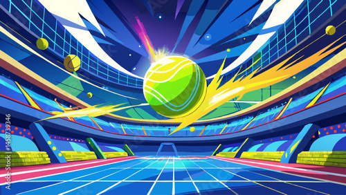 Bright tennis ball flying across blue court with vibrant trails in large stadium setting