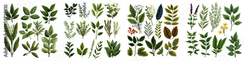 A collection of various leaves and plant elements from nature. long_title:A diverse assortment of green and vibrant leaves, branches, and botanical