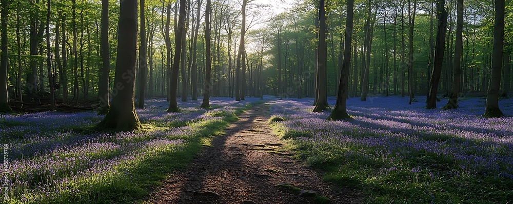 Fototapeta premium Sunlight filters in, illuminating the forest floor with beautiful bluebells and a winding dirt path