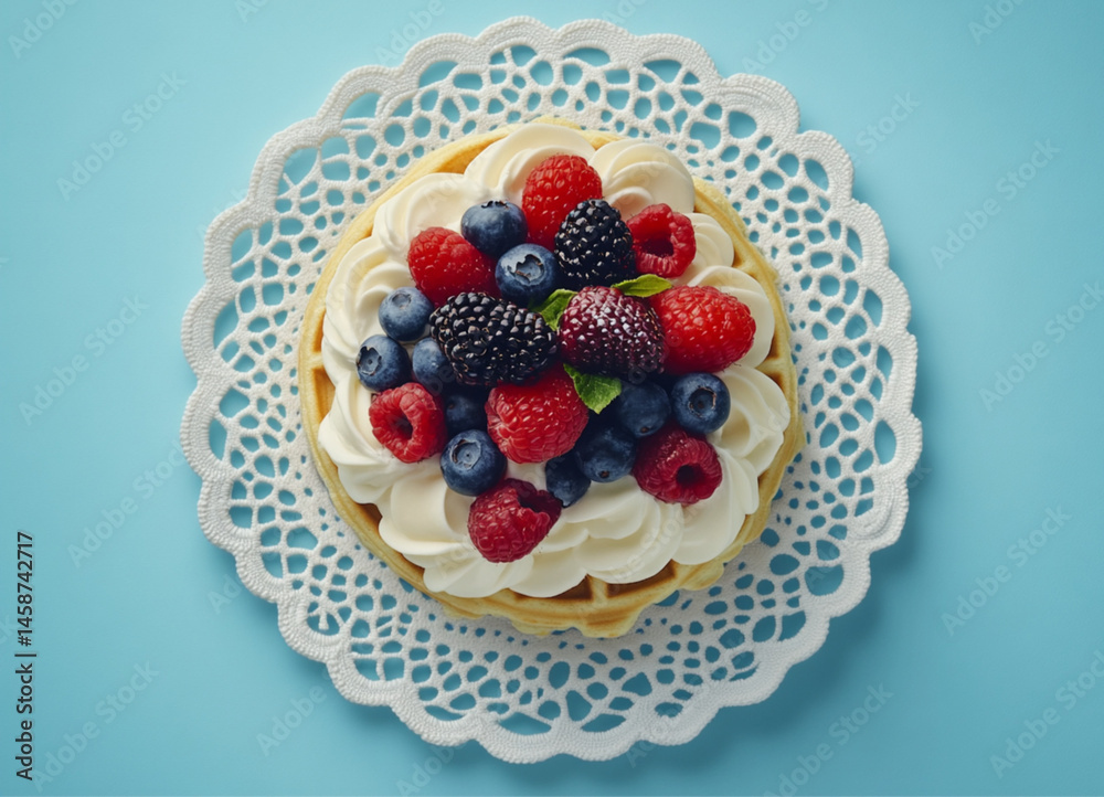 waffles with cream and berries, on a white lace doily, against a blue background. Food photography, bright natural light,close-up of the waffles and fruit arrangement.