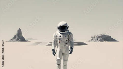 Astronaut walking from the front on a desert planet on white background Video Animation