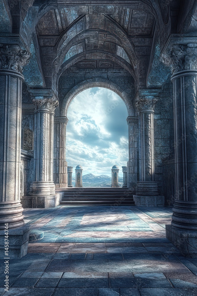 Fototapeta premium Ancient stone archway with mountain vista