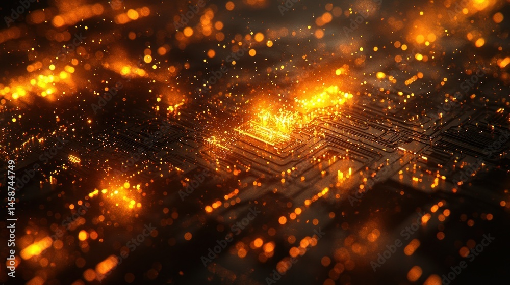 Obraz premium Lit circuit Golden glowing digital pattern close-up view