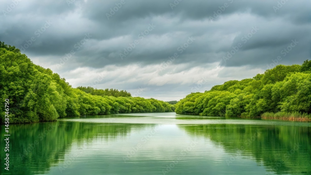 Obraz premium Serene river landscape with lush green trees and overcast sky reflection