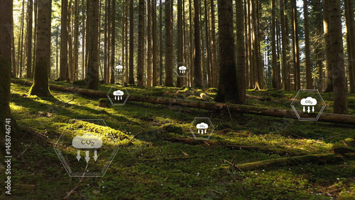 Beautiful inside mossy forest with carbon dioxide icons.