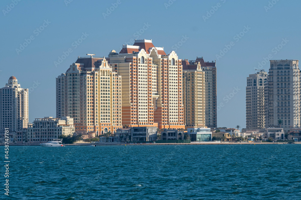 Naklejka premium Beautiful view of Pearl Qatar viva bahriya and Porto Arabia apartment buildings