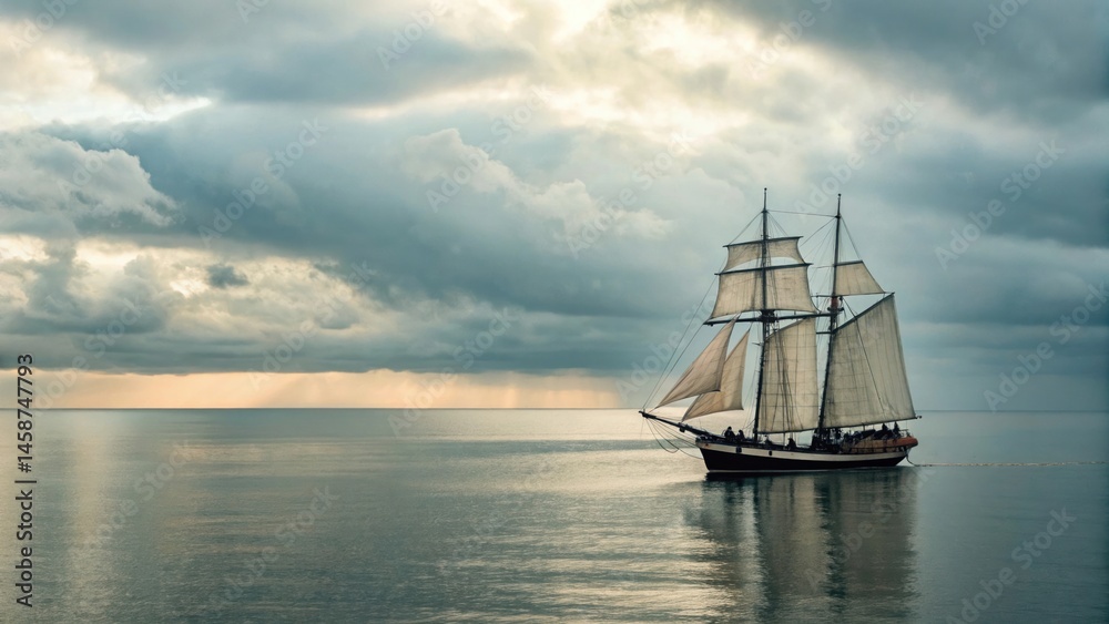 Obraz premium Tall ship sailing on calm water beneath dramatic cloudy sky at sunset