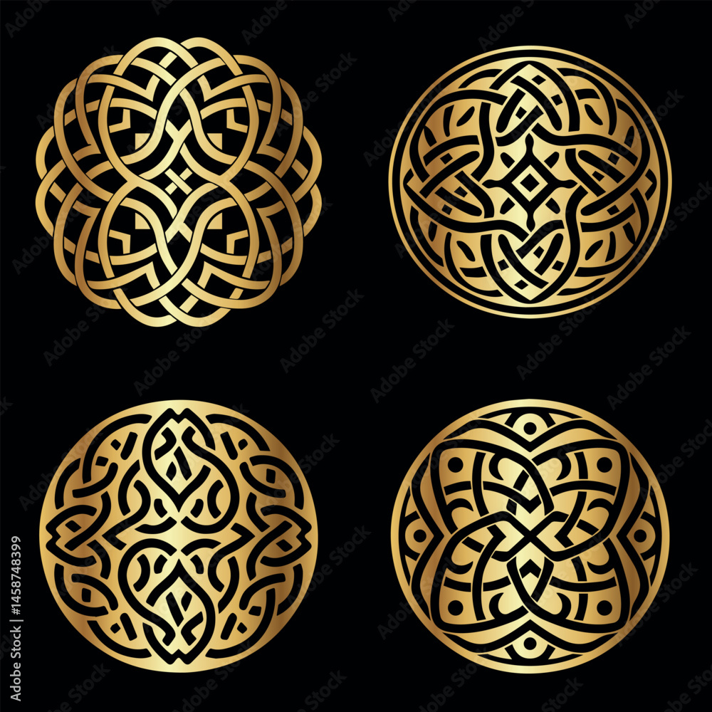 Obraz premium Celtic Style Round Golden Ornaments Vector Set on Black Background Collection for Luxury Design Projects Packaging Logos and Branding