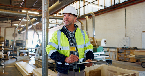 Checklist, woodwork and inspection with man in factory for furniture, manufacturing and carpenter. Lumber inventory, cabinetry construction and distribution warehouse with mature person and clipboard