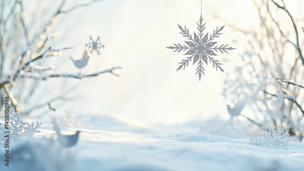 Fototapeta premium Winter wonderland scene featuring snowflakes and birds on snowy branches set in a snowy landscape with a bright sunlight