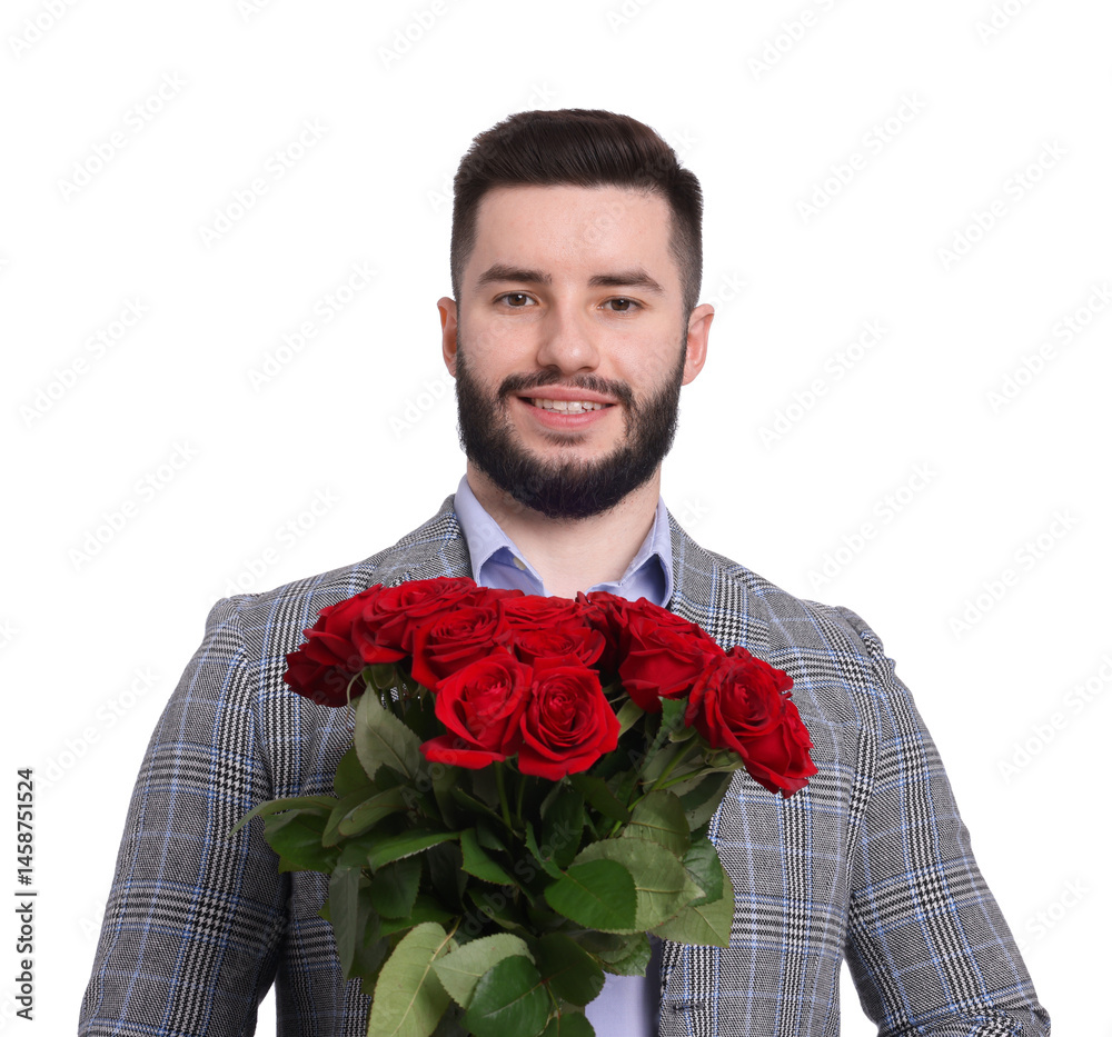 Happy man with bouquet of red roses on white background Happy man with bouquet of red roses on white background
