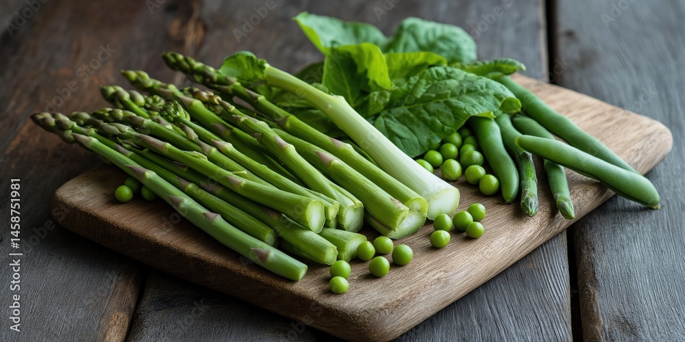 A wooden cutting board with green vegetables on it. The vegetables include asparagus, peas, and green beans A wooden cutting board with green vegetables on it. The vegetables include asparagus, peas, and green beans