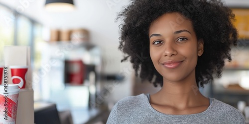 A woman with curly hair is smiling at the camera in a coffee shop. She is wearing a gray shirt and a red cup