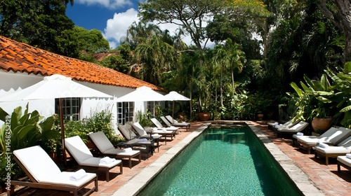 Tropical resort pool area with white lounge chairs, terracotta roof, and lush greenery