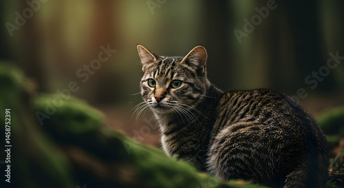 Striking Tabby Cat Sitting Among Lush Greenery in Natural Habitat