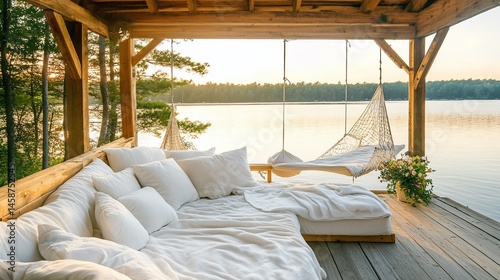 Rustic lakefront porch with comfy seating and hammocks