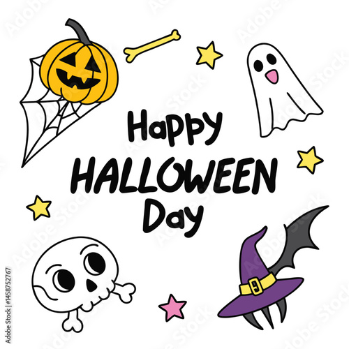Cute Halloween Characters Set Ghost Pumpkin Bat Witch Hat Spider Web

