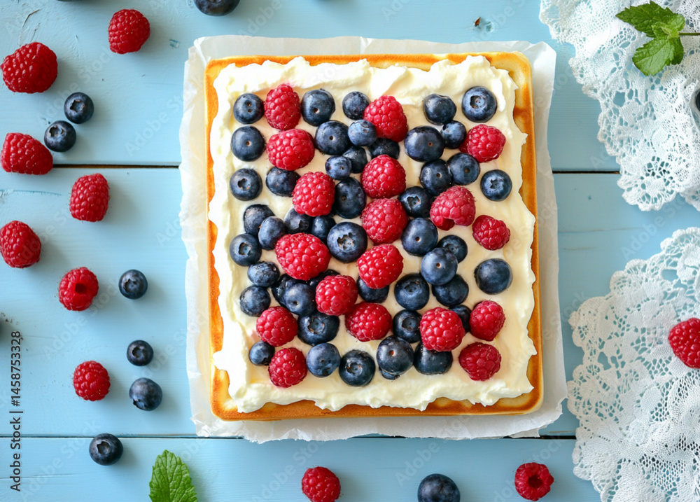 A square waffle with cream cheese and berries, placed on the table, fresh blueberries and raspberries scattered around it. The background is a light sky-blue wooden tabletop,white lace napkins