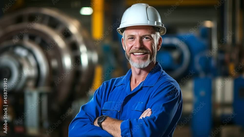 Friendly male engineer wearing a hardhat and blue work clothes stands in front of large machinery, smiling confidently, with a metal generator blurred in the background Friendly male engineer wearing a hardhat and blue work clothes stands in front of large machinery, smiling confidently, with a metal generator blurred in the background
