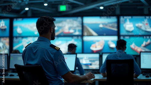 Wallpaper Mural In a modern control room, a monitoring team carefully observes ship traffic in the waters. Torontodigital.ca