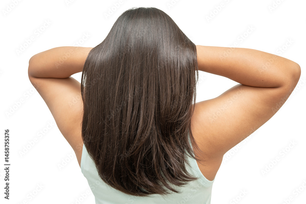 Naklejka premium Woman with beautiful shine hair care treatment isolated on white background, PNG transparent.
