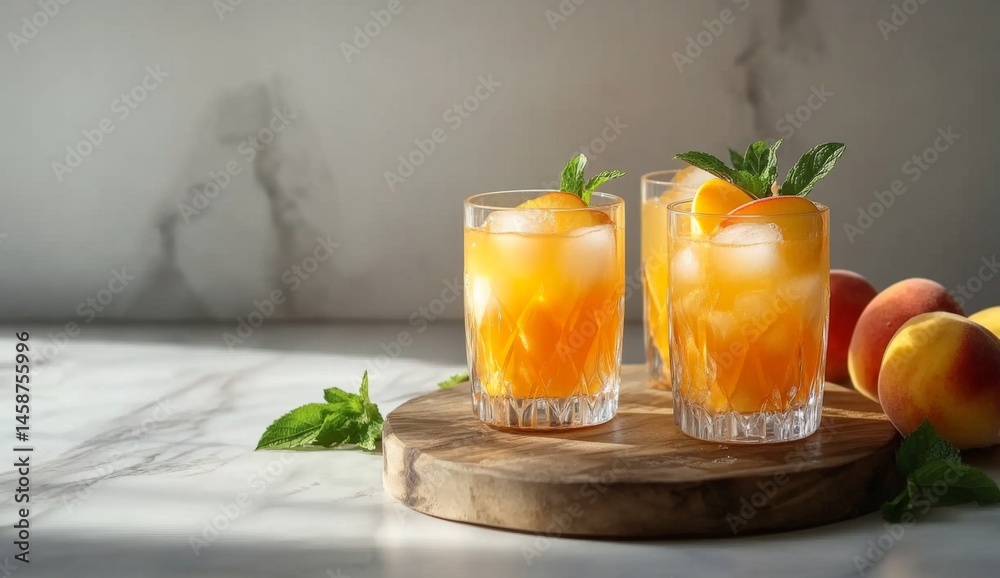 Fototapeta premium Refreshing peach iced drinks on a wooden platter. Three glasses filled with iced peach juice, garnished with mint leaves