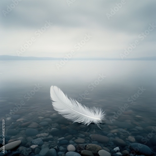 A single white feather rests gently on the water's surface, amidst calm, gray-toned lake scenery