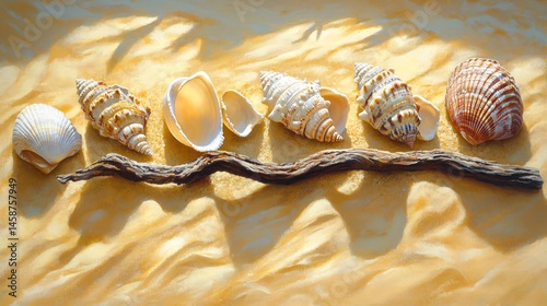 Seashell Still Life Collection on Sandy Beach with Driftwood and Shadows