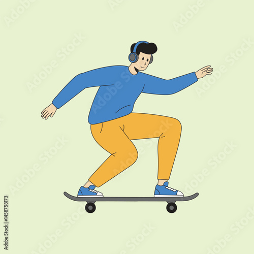 Colorful vector illustration of a young man skateboarding while wearing headphones, dressed in casual clothes, representing youth lifestyle and outdoor activity.