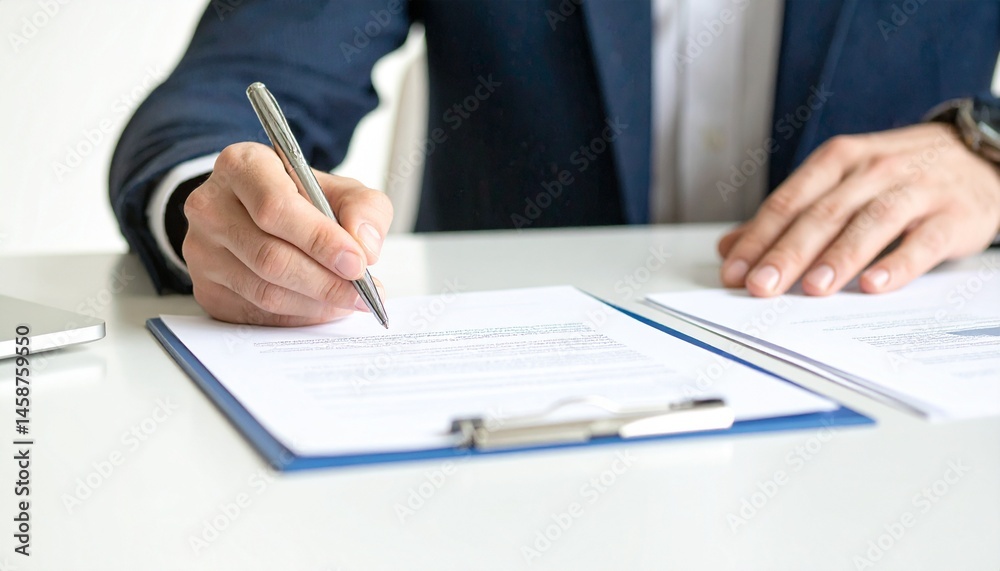 Close-up of a person's hands and documents discussing a contract with a business partner Close-up of a person's hands and documents discussing a contract with a business partner