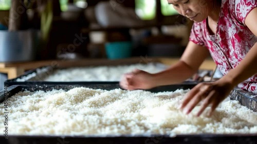 A woman is sorting rice that she has spread out in a large tray.