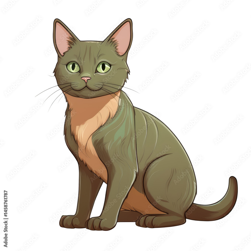 Obraz premium Adorable Green Eyed Cat Sitting Gracefully A charming illustration of a domestic shorthair cat