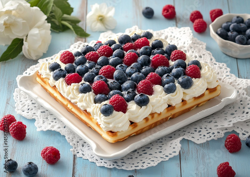 A square waffle with cream cheese and berries, placed on the table, fresh blueberries and raspberries scattered around it. The background is a light sky-blue wooden tabletop,white lace napkins