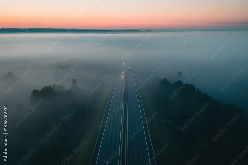 Obraz premium Highway Through Dense Fog at Dawn