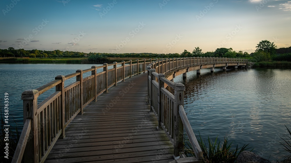 Naklejka premium Serene Wooden Footbridge Curving Over Calm Lake Waters at Dusk