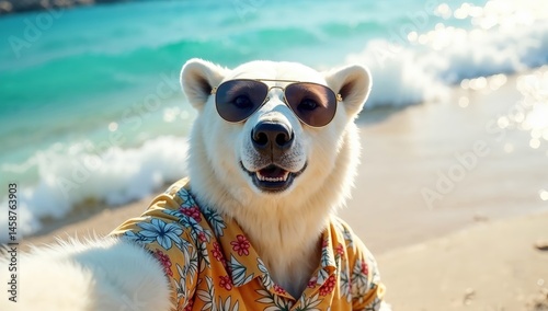 Eisbär mit Sonnenbrille am Strand