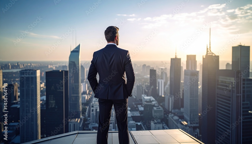 A man in a suit standing with his hands in his pockets on the roof of a skyscraper with a city background A man in a suit standing with his hands in his pockets on the roof of a skyscraper with a city background