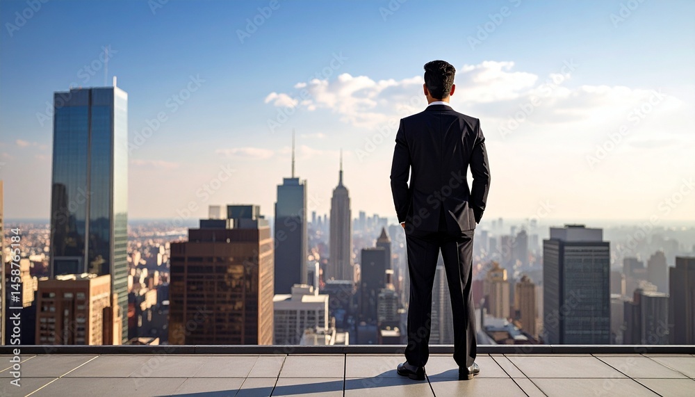 A man in a suit standing with his hands in his pockets on the roof of a skyscraper with a city background A man in a suit standing with his hands in his pockets on the roof of a skyscraper with a city background
