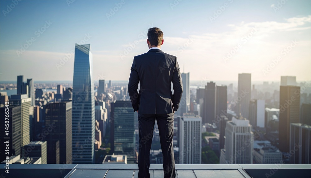 A man in a suit standing with his hands in his pockets on the roof of a skyscraper with a city background A man in a suit standing with his hands in his pockets on the roof of a skyscraper with a city background